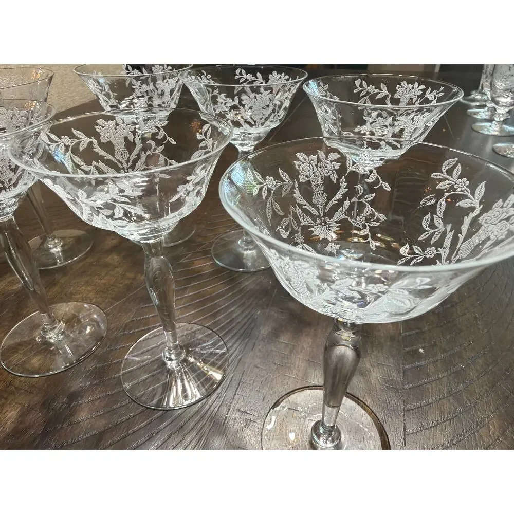 Vintage Etched Champagne Coupe Glasses Set of 7 Floral Wheat Stemware 5.75